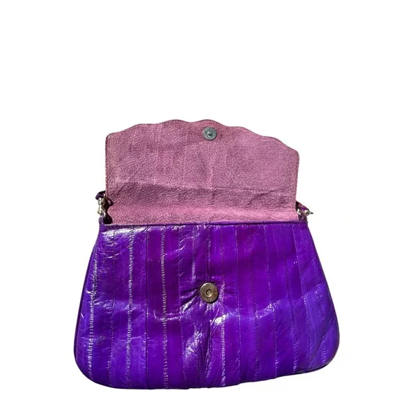 Vintage Purple Genuine Eel Skin Clutch Crossbody Bag Scalloped Flap - Picture 3 of 10